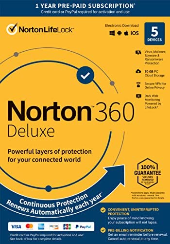 Norton 360 Deluxe 2022 Antivirus software for 5 Devices with Auto Renewal - Includes VPN, PC Cloud Backup & Dark Web Monitoring [Key Card]