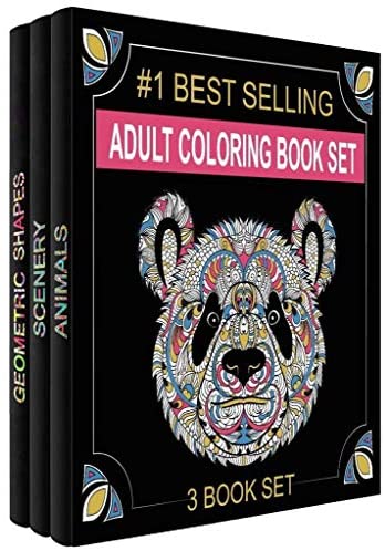 Adult Coloring Books Set - 3 Coloring Books for Grownups - 120 Unique Animals, Scenery & Mandalas Designs. Coloring Books for Adults Relaxation.