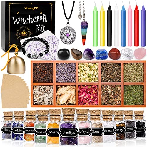 Witchcraft Supplies Kits 54 Packs,with Chakra Stones,Healing Crystal Pendulums ,Spell Candles ,Dried Herbs, parchments,Mini Gemstones Sealed Bottles,for Beginners and Experienced Witches