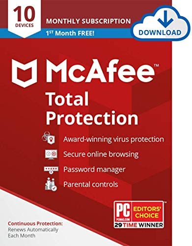 McAfee Total Protection 2022 | 10 Device | Antivirus Internet Security Software | VPN, Password Manager, Dark Web Monitoring & Parental Controls | 30 Days Free with Monthly Auto Renewal - Amazon Exclusive Subscription