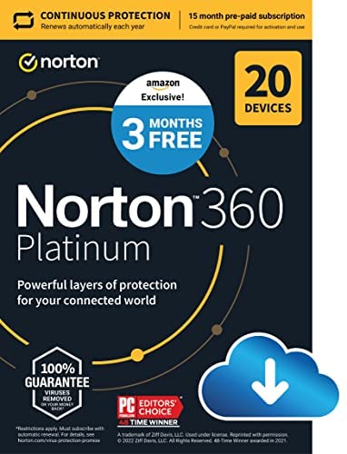 Norton 360 Platinum 2022 Antivirus software for 20 Devices with Auto Renewal - 3 Months FREE - Includes VPN, PC Cloud Backup & Dark Web Monitoring [Download]