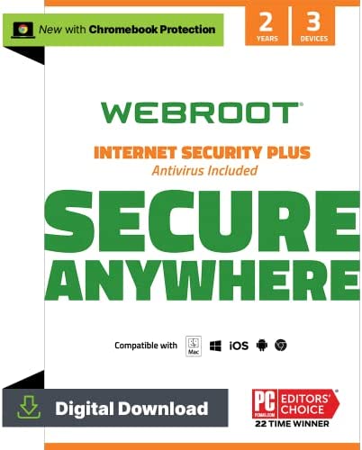 Webroot Internet Security Plus | Antivirus Software 2022 |3 Device | 2 Year Download for PC/Mac/Chromebook/Android/IOS + Password Manager