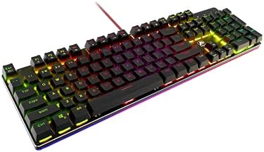 POWZAN Mechanical Optical Gaming Keyboard Wired - RGB LED Rainbow Backlit Light Up Key with Tactile and Clicky Blue Switch for Computer, Windows PC Gamers - 104 Keys Full Size, Aluminum Black